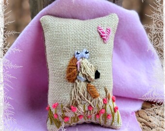 Heart Dog Mini Pillow Hand Embroidered YelliKelli