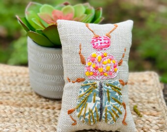 Boho Beetle Mixed Media Hand Embroidered Pillow Ready to Ship YelliKelli