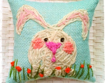 Little White Bunny Mini Hand Embroidered Pillow Made To Order YelliKelli Easter Decor