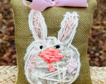 Neutral Colors Bunny Freehand Embroidered Mini Pillow Easter Spring YelliKelli Ready to Ship