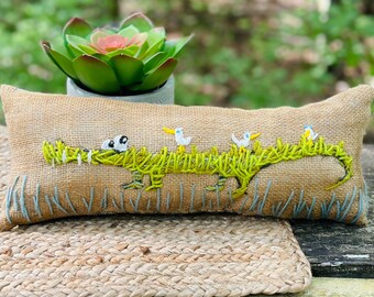 Green Crocodile Hand Embroidered Pillow YelliKelli