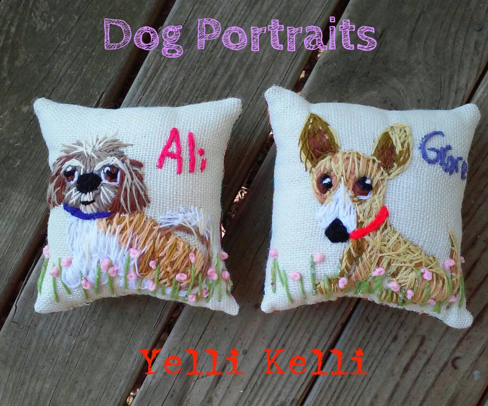 Freehand Embroidered Mini Pillow With Your Pet From Photo Made Etsy