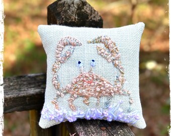 Little Pink Sand Crab Hand Embroidered Pillow Ready to Ship YelliKelli