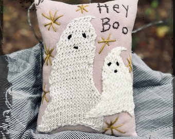 Hey Boo Ghosts Halloween Pillow: Hand-Knitted Ghosts, Embroidered Stars