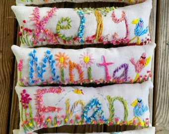 Personalized Name Freehand Bohemian Embroidered  Pillow Made To Order Up to FIVE Letters YelliKelli