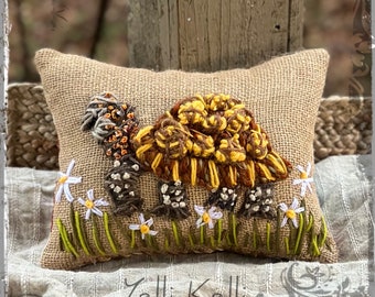 Box Turtle With Daisies Freehand Embroidered Pillow Spring Nature YelliKelli Ready to Ship