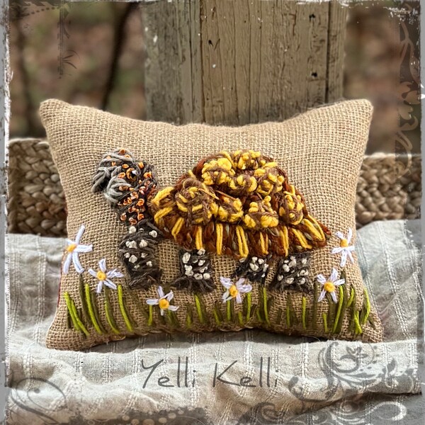 Box Turtle With Daisies Freehand Embroidered Pillow Spring Nature YelliKelli Ready to Ship