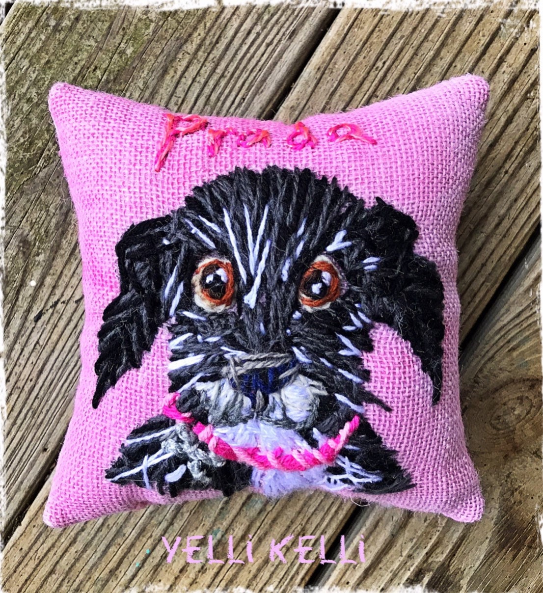 Freehand Embroidered Mini Pillow on Burlap with Your Dog from Etsy