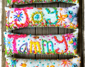 Personalized Gift FIVE LETTER Freehand Embroidered Bohemian Name Pillow Made To Order Up to FIVE Letters YelliKelli