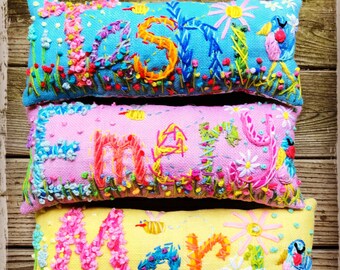 Personalized Gift UP TO FIVE Letters Freehand Embroidered Bohemian Letters Name Pillow Custom Made YelliKelli