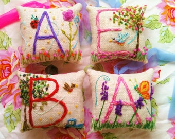 Deluxe Details Custom  Freehand Embroidered Initial Mini Pillow Made to Order Any Theme YelliKelli