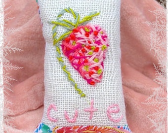 Berry Cute Strawberry Hand Embroidered Mini Pillow Ready to Ship YelliKelli