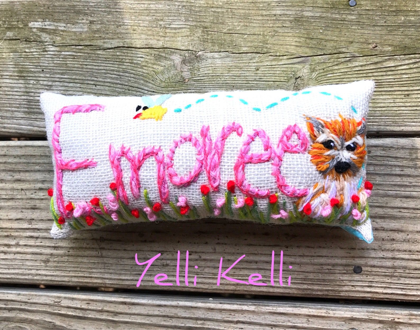 Custom Name Mini Pillow Freehand Crewel Embroidery Etsy