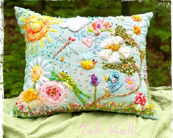 A Happy Life Extra Large Statement Pillow Symbolic Motifs 23” x 18” Freehand Embroidered YelliKelli