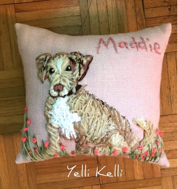 Freehand Embroidered Mini Pillow on Burlap With Your Dog From PHOTO Yellikelli Etsy