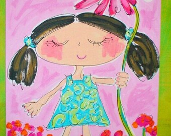 Pigtails and Pink Posies Custom Portrait 16” x 20” Original Canvas Painting Made To Order Any Colors YelliKelli