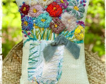 Cool Colors Flower Bouquet Hand Embroidered Pillow Ready to Ship YelliKelli