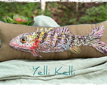 Lake Fish on Burlap Bohemian Hand Embroidered Pillow Ready to Ship YelliKelli