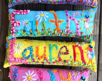 Personalized Gift Idea Freehand Embroidered Bohemian Name Pillow Made To Order Up to FIVE Letters YelliKelli