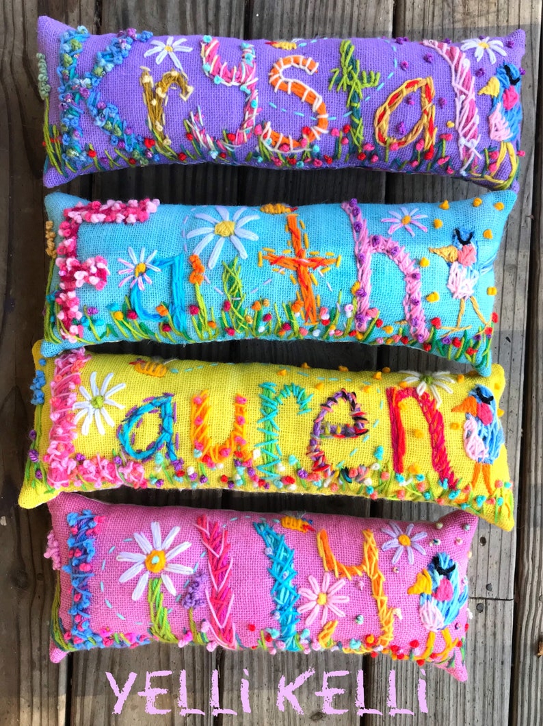 Personalized Gift Idea Freehand Embroidered Bohemian Name Pillow Made To Order Up to FIVE Letters YelliKelli image 4