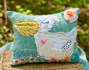White Chicken Wonky Stitched Rustic Pillow Ready to Ship YelliKelli