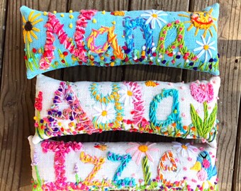Personalized Gift Freehand Embroidered Bohemian Name Pillow Made To Order UP TO FIVE Letters YelliKelli