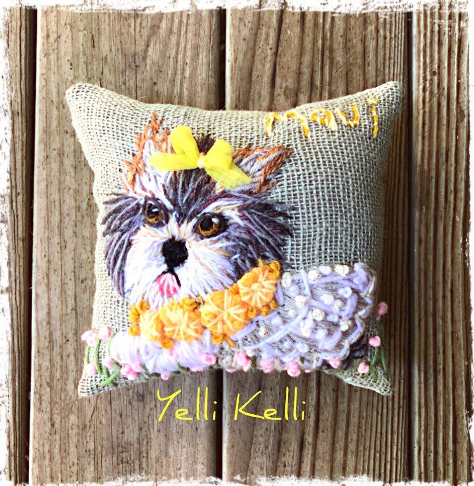 Freehand Embroidered Mini Pillow on Burlap With Your Dog From Etsy