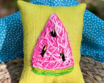 Watermelon Slice Hand Embroidered Mini Pillow Ready to Ship YelliKelli