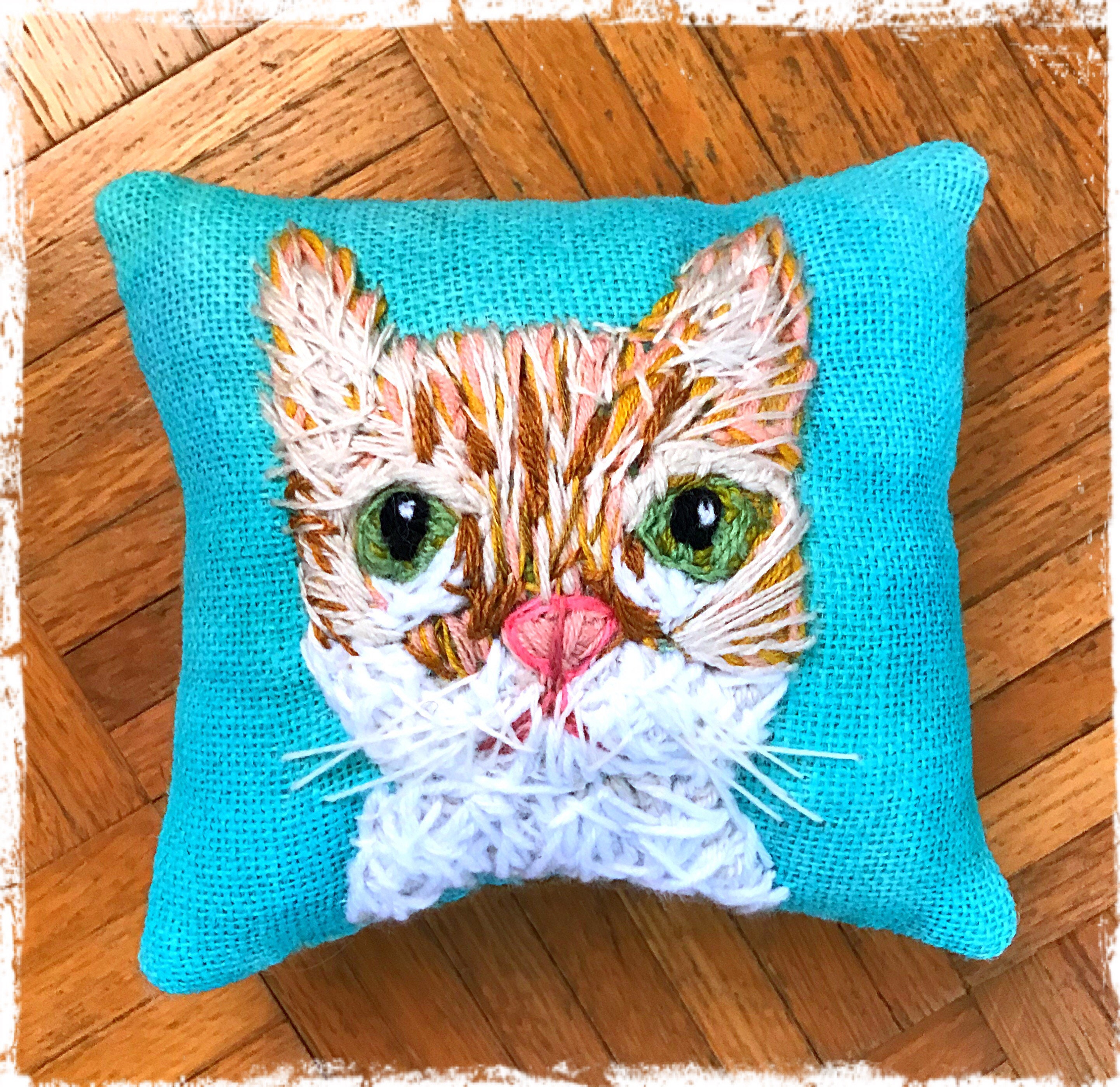 Freehand Embroidered Mini Pillow with Your Pet From Photo Made Etsy