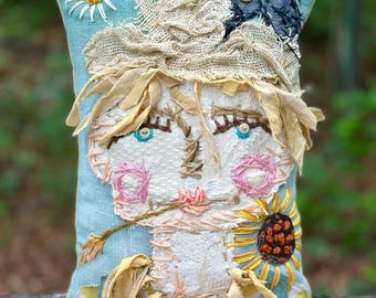 Scarecrow Girl Wheatley Large Mixed Media Hand Embroidered Statement Pillow YelliKelli