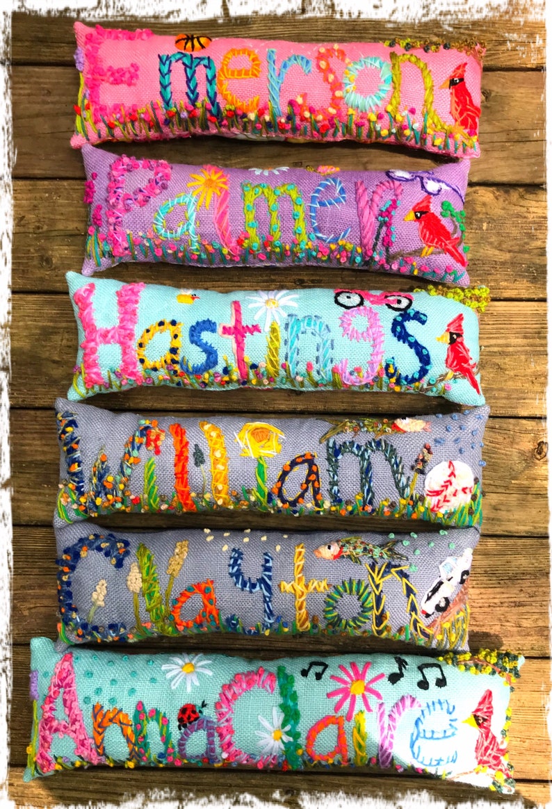 Freehand Embroidered Bohemian Letters Name Pillow Custom Made EIGHT LETTERS image 2