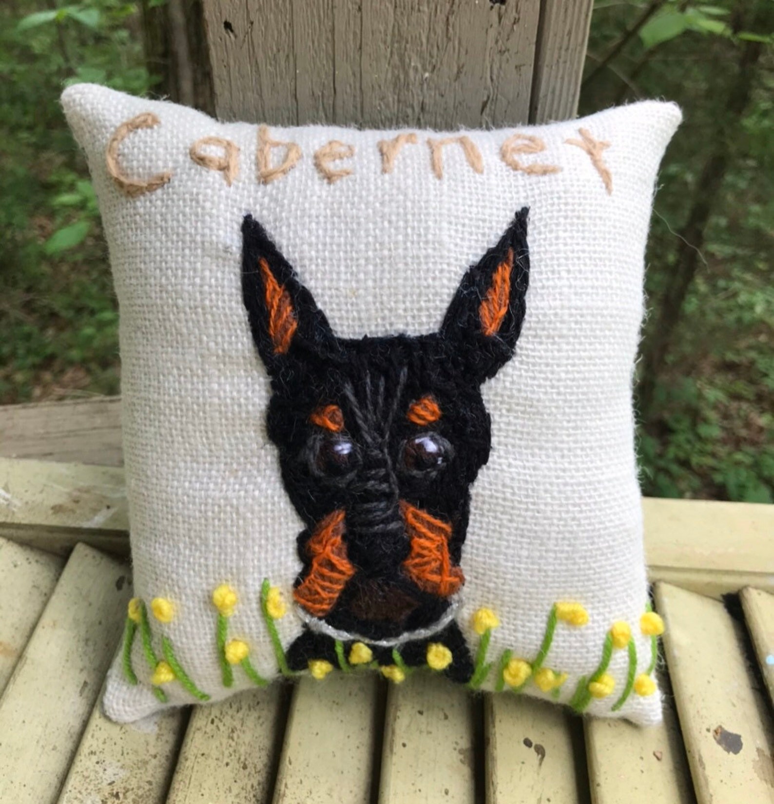 Freehand Embroidered Mini Pillow on Burlap With Your Dog From Etsy