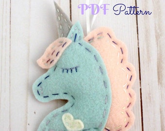 Patrón de adorno de unicornio de fieltro. Unicornio. Patrón PDF Unicornio. Patrón de bricolaje. Tutorial. Unicornio de fieltro. Unicornio.Adorno de Navidad. Recuerdos de fiesta.