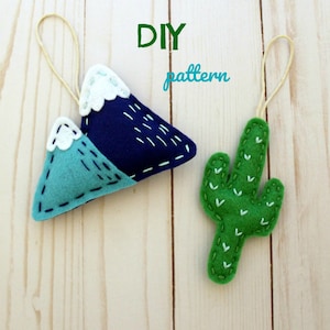 Mountain and Cactus Felt Ornaments PDF Pattern. DIY Pattern. Felt Crafts. Felt Ornaments. Southwest. Camping Ornaments. Hand sewing pattern.