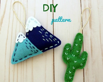 Mountain and Cactus Felt Ornaments PDF Pattern. DIY Pattern. Felt Crafts. Felt Ornaments. Southwest. Camping Ornaments. Hand sewing pattern.