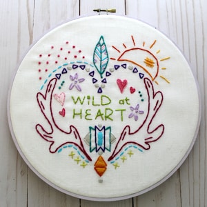 Wild at Heart. Hand Embroidery Pattern. PDF Pattern. Digital Pattern. Embroidery Designs. Western. Heart. Antlers. Feathers. Boho. Hippy. image 1
