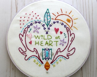 Wild at Heart. Hand Embroidery Pattern. PDF Pattern. Digital Pattern. Embroidery Designs. Western. Heart. Antlers. Feathers. Boho. Hippy.