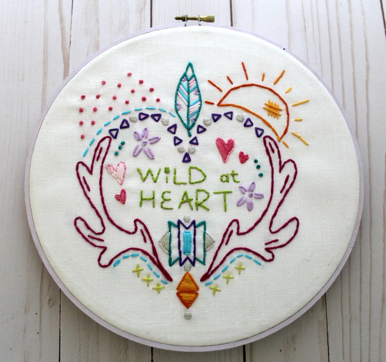 Wild at Heart. Hand Embroidery Pattern. PDF Pattern. Digital Pattern. Embroidery Designs. Western. Heart. Antlers. Feathers. Boho. Hippy. image 1