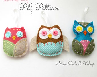 Felt Owl Ornaments Sewing Pattern: 3 Mini Woodland Owls (Digital Pattern)