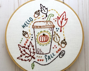 Pumpkin Spice. Hand Embroidery Pattern. Hello Fall. Digital Pattern. Pumpkin Spiced Latte. Autumn. Leaves. Acorns. Harvest. Fall Hoop Art.