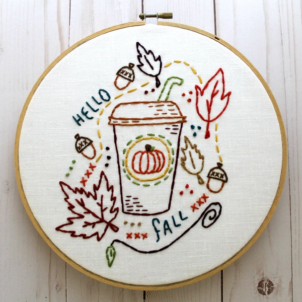 Pumpkin Spice. Hand Embroidery Pattern. Hello Fall. Digital Pattern. Pumpkin Spiced Latte. Autumn. Leaves. Acorns. Harvest. Fall Hoop Art.