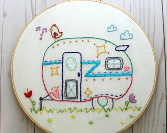 Retro Camper. Embroidery Pattern. Digital. PDF Pattern. Vintage Camper. Happy Camper. Camping. Camper Decor. Hoop Art. Camper Embroidery.
