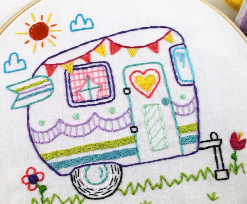 Retro Camper. Hand Embroidery Pattern. PDF Pattern. Summer. Camping. Travel. Road Trip. Embroidery Designs. Vintage Camper. Happy Camper. image 3