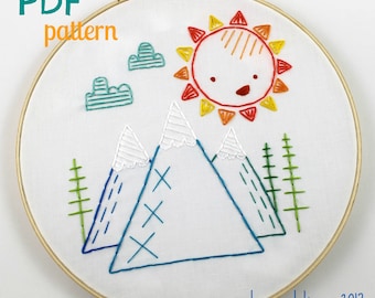 Mountains. Hand Embroidery Pattern. Sunshine. Forest. Woodland. Woods. Camping. Hiking. Outdoors. Embroidery Design. Digital Pattern. PDF