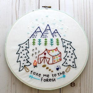 Camping. Hand Embroidery Pattern. Forest Woods. Outdoors. Glamping. Digital Pattern. Cabin. Embroidery Designs. Mountains. Tent. Outdoorsy. image 1