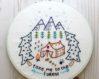 Camping. Hand Embroidery Pattern. Forest Woods. Outdoors. Glamping. Digital Pattern. Cabin. Embroidery Designs. Mountains. Tent. Outdoorsy.