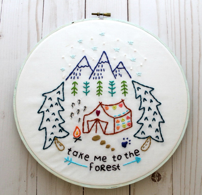 Camping. Hand Embroidery Pattern. Forest Woods. Outdoors. Glamping. Digital Pattern. Cabin. Embroidery Designs. Mountains. Tent. Outdoorsy. image 1