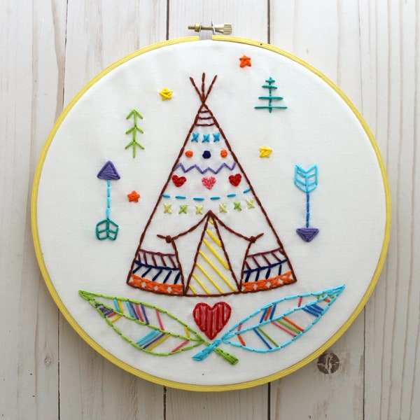 Cute Teepee Hand Embroidery PDF Pattern – Woodland Nursery Decor, Camping Hoop Art, Feather Tree & Arrow Whimsical Design, 8 or 9 inch hoop
