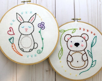Bear and Bunny. Hand Embroidery Pattern. PDF Pattern. Embroidery Designs. Woodland Creatures. Nursery Hoop Art. Embroidery Hoop art. Cute.