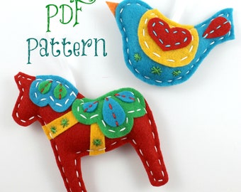 Dala Horse. Swedish Bird. PDF Pattern. Sewing Pattern. Christmas Ornaments. Felt Ornament. Beginner Crafts. Scandinavian. Embroidery.